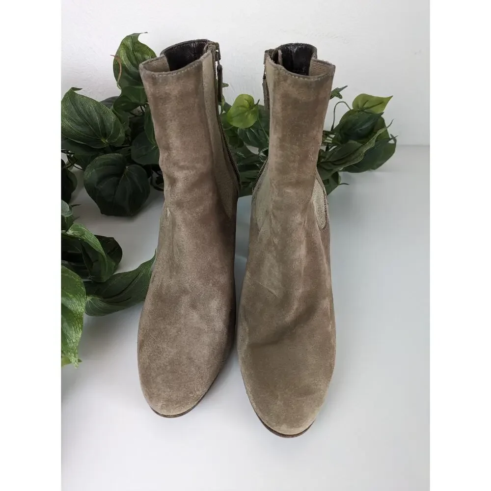 Aquatalia Boots Frida Ankle Boots Suede Chelsea Taupe Ban Block Heel Size 8
